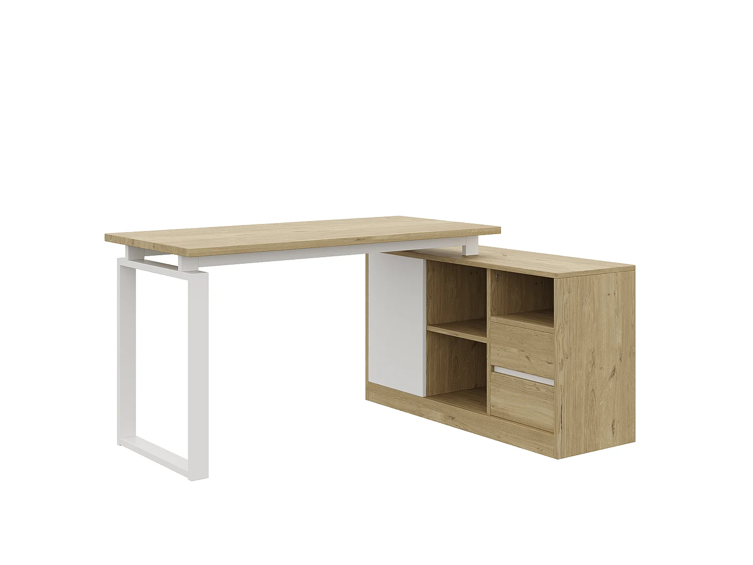 Hoekbureau met 2 lades en opbergruimte - MDF en metaal - Natuurlijk hout en wit
