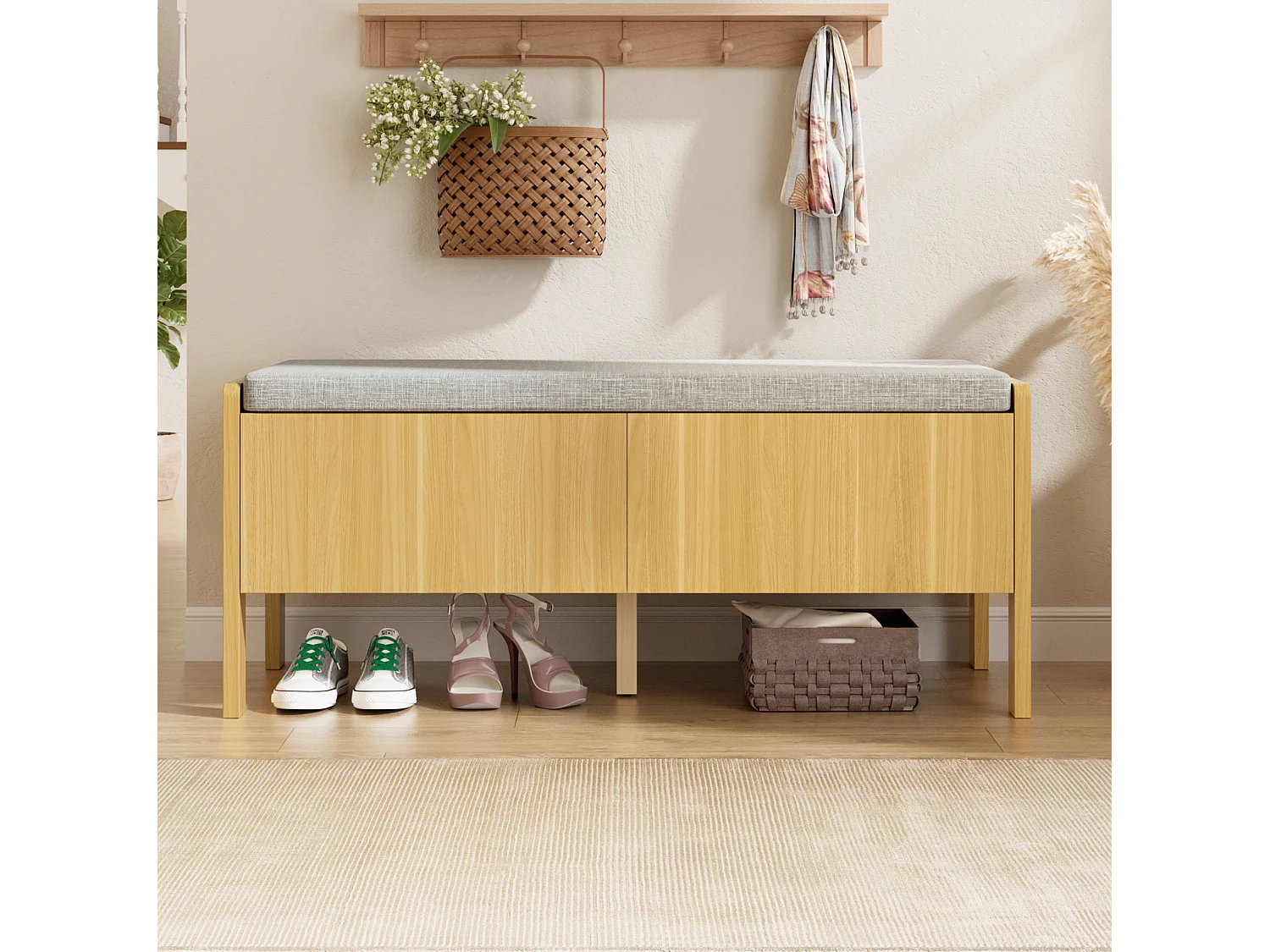 Banc de rangement avec 2 tiroirs et côtés en rotin - Bois clair et gris