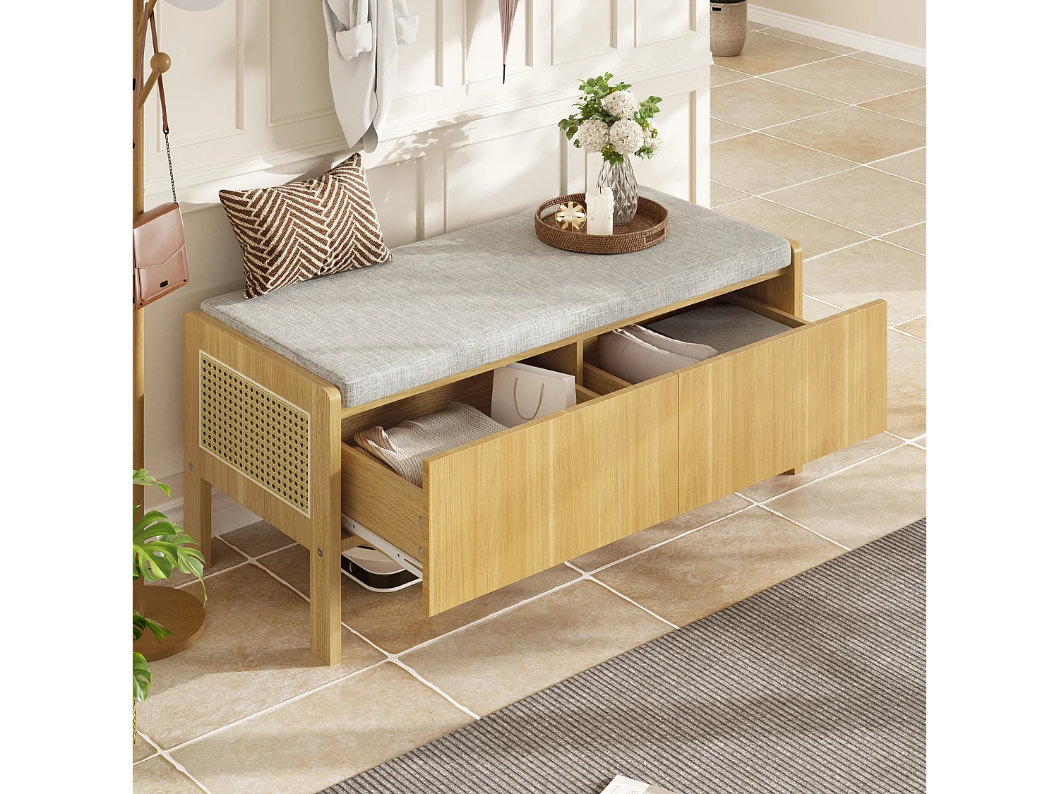 Banc de rangement avec 2 tiroirs et côtés en rotin - Bois clair et gris