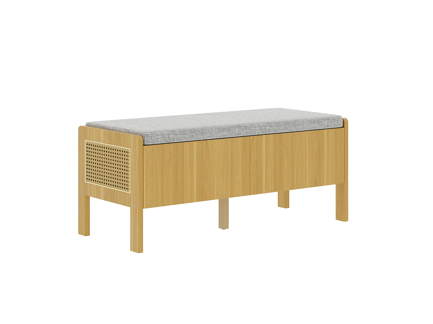 Banc de rangement avec 2 tiroirs et côtés en rotin - Bois clair et gris