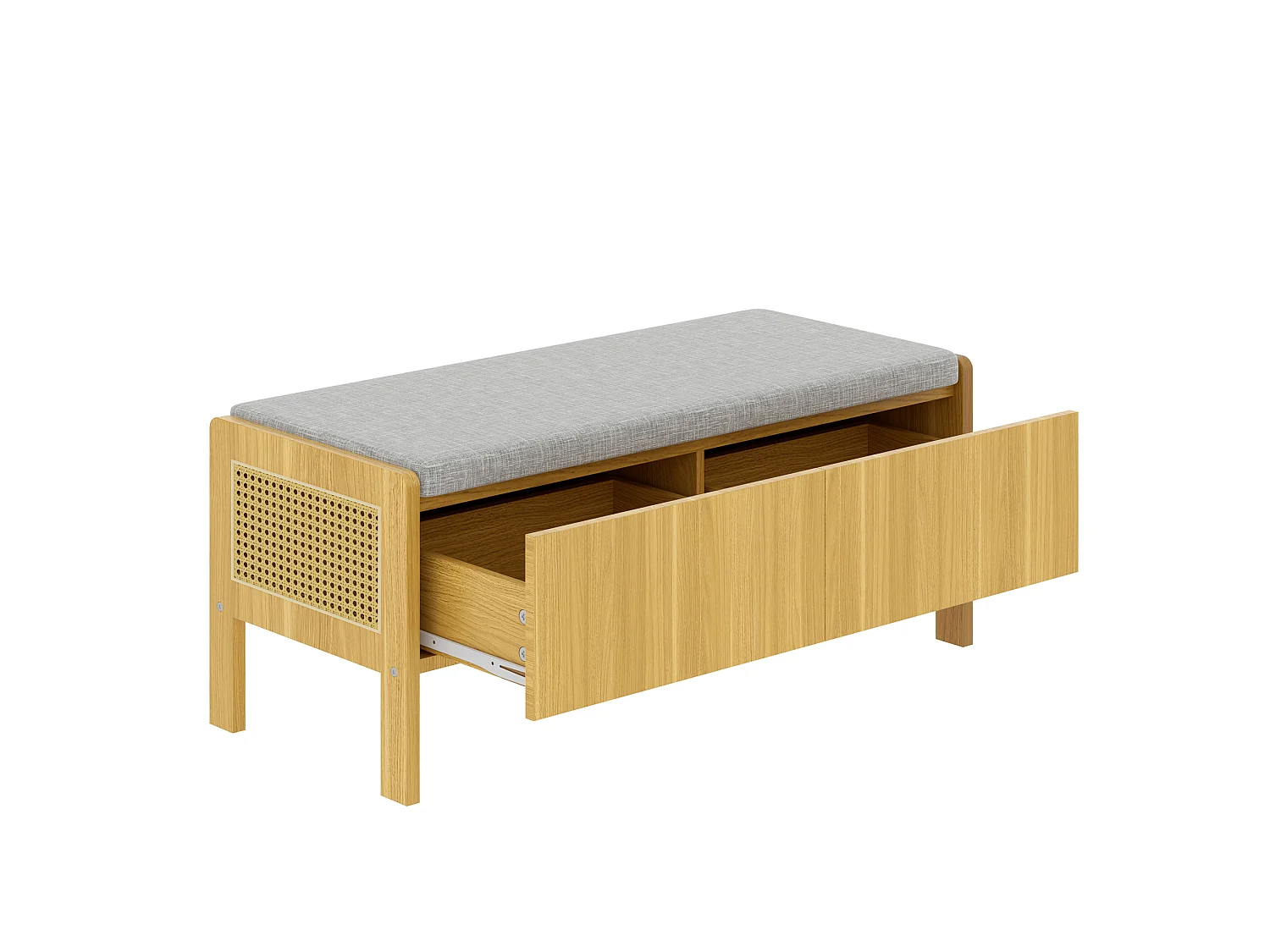 Banc de rangement avec 2 tiroirs et côtés en rotin - Bois clair et gris