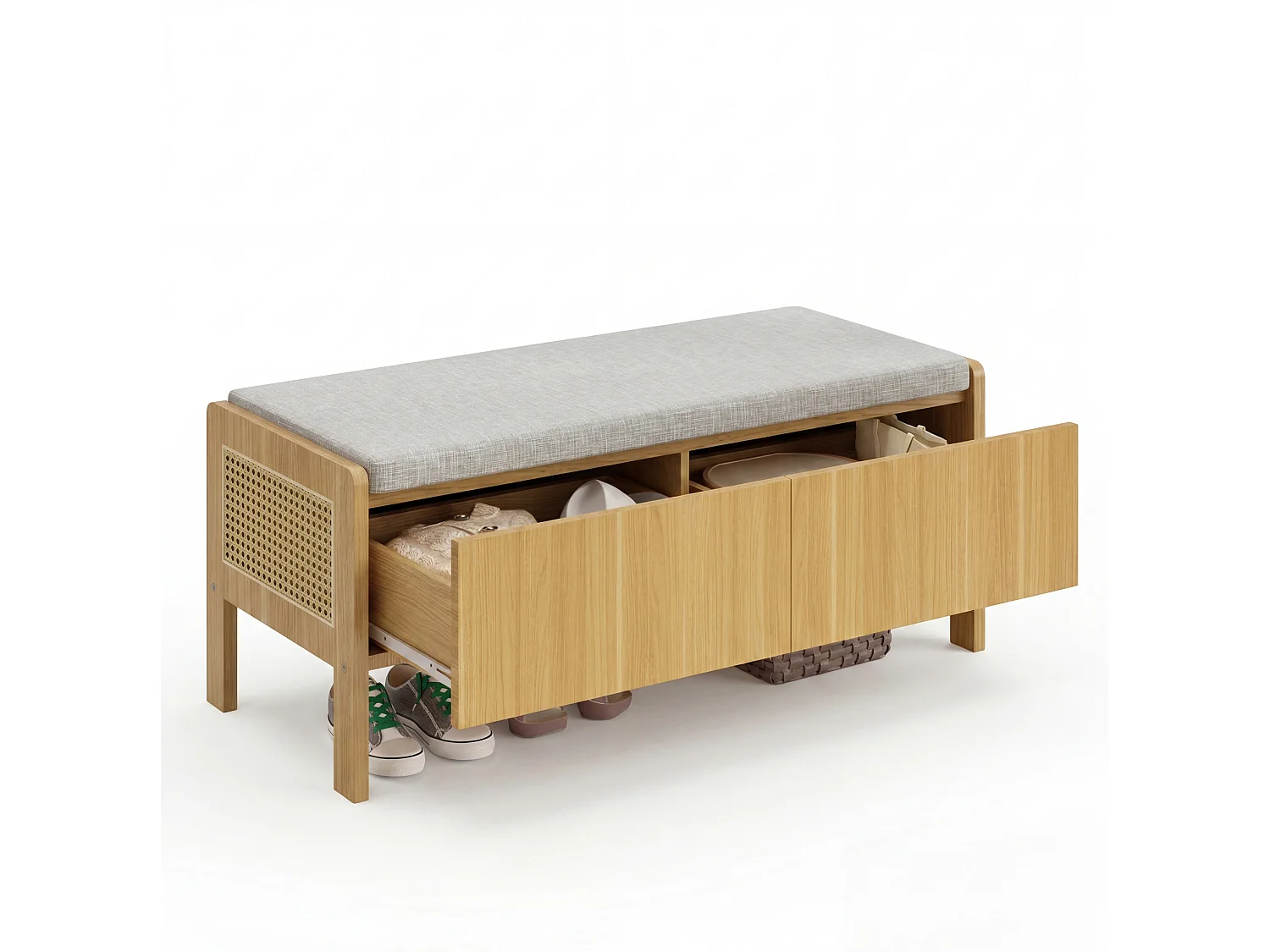 Banc de rangement avec 2 tiroirs et côtés en rotin - Bois clair et gris
