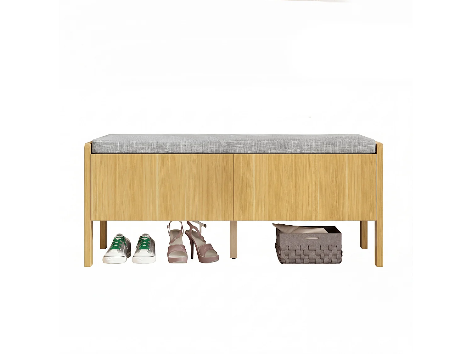 Banc de rangement avec 2 tiroirs et côtés en rotin - Bois clair et gris