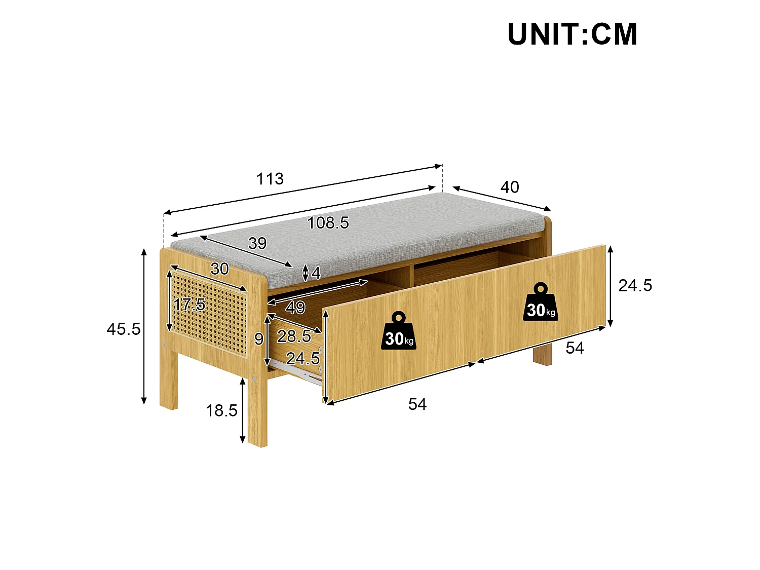 Banc de rangement avec 2 tiroirs et côtés en rotin - Bois clair et gris