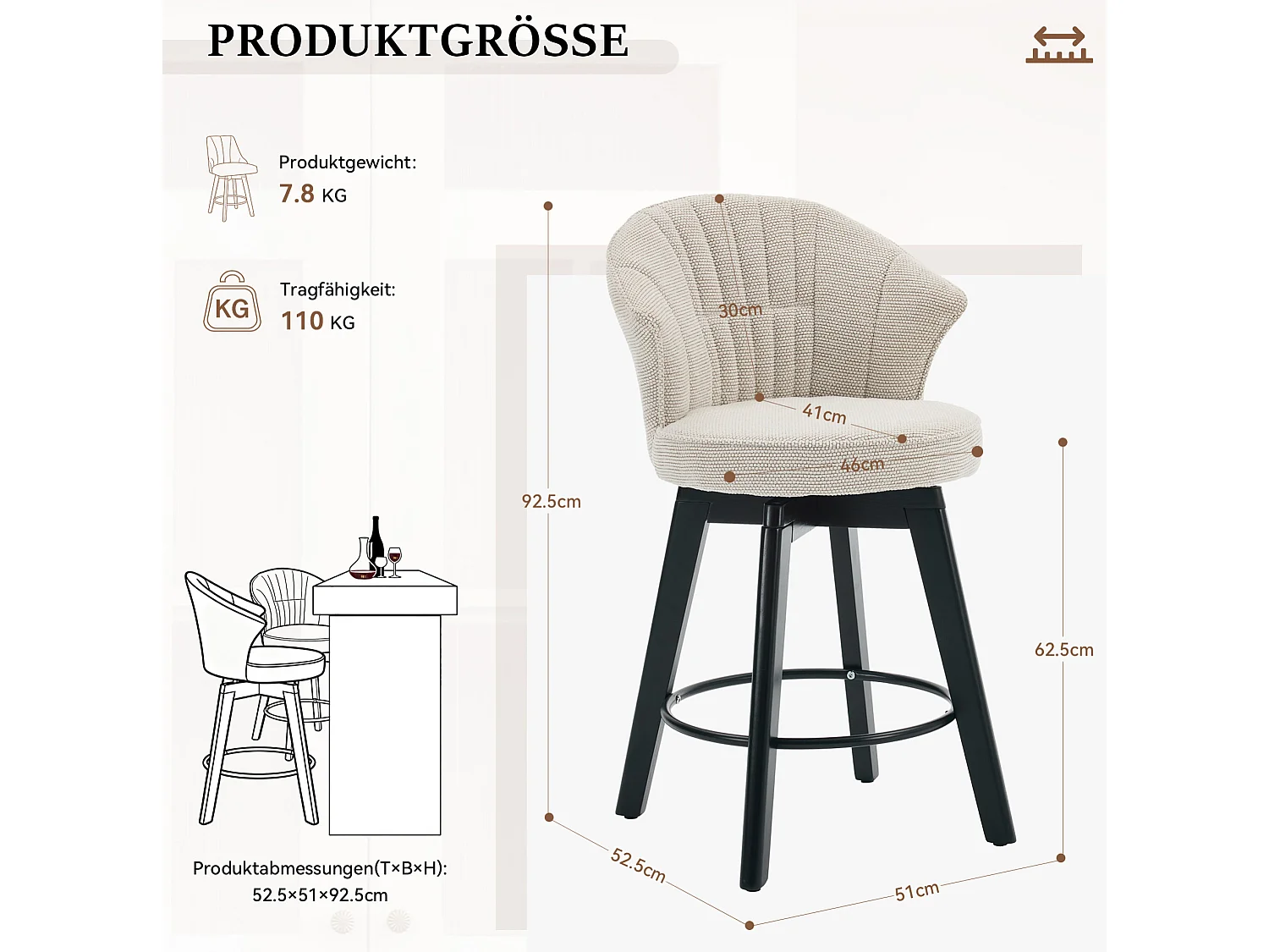 Set di 2 sgabelli da bar girevoli - Schienale a forma di conchiglia - Tessuto beige