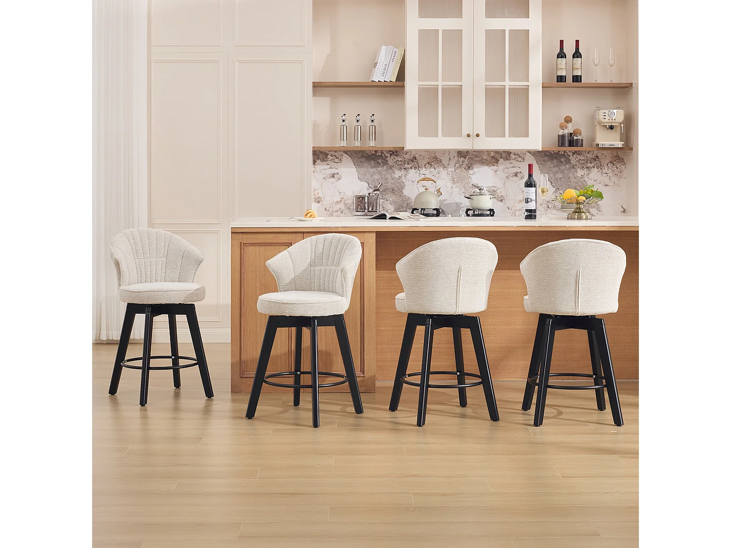 Set di 2 sgabelli da bar girevoli - Schienale a forma di conchiglia - Tessuto beige