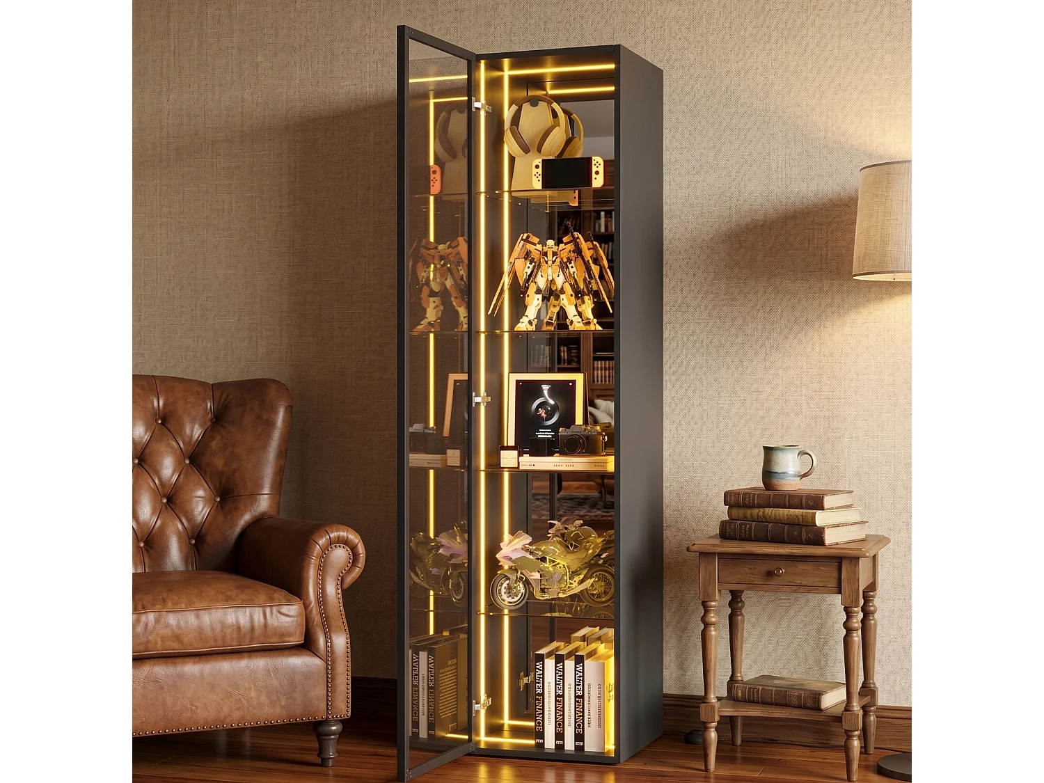 Vitrine expositora 30 x 30 x 160 cm com 5 compartimentos e iluminação LED, preta.