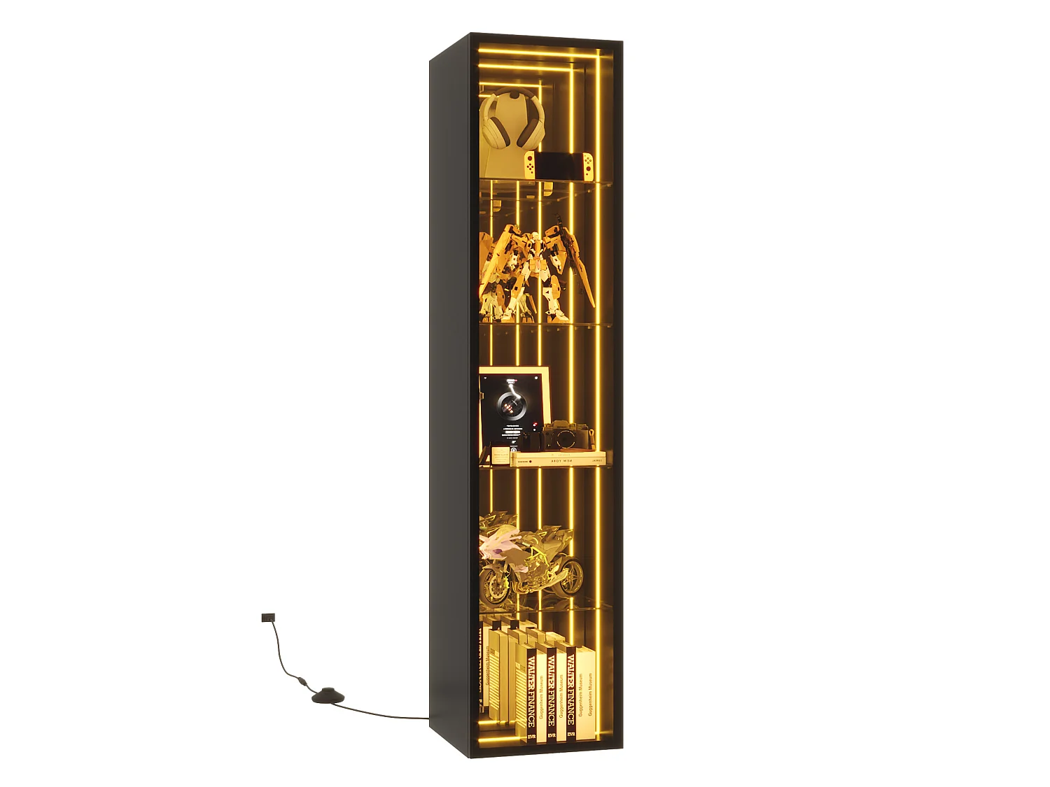 Vitrine expositora 30 x 30 x 160 cm com 5 compartimentos e iluminação LED, preta.