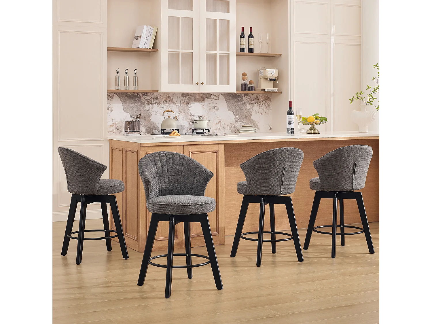 Set di 2 sgabelli da bar girevoli - Schienale a forma di conchiglia - Tessuto grigio