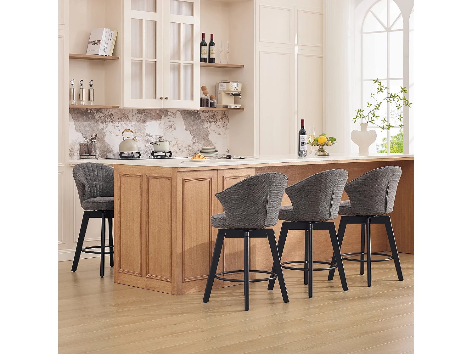 Set di 2 sgabelli da bar girevoli - Schienale a forma di conchiglia - Tessuto grigio