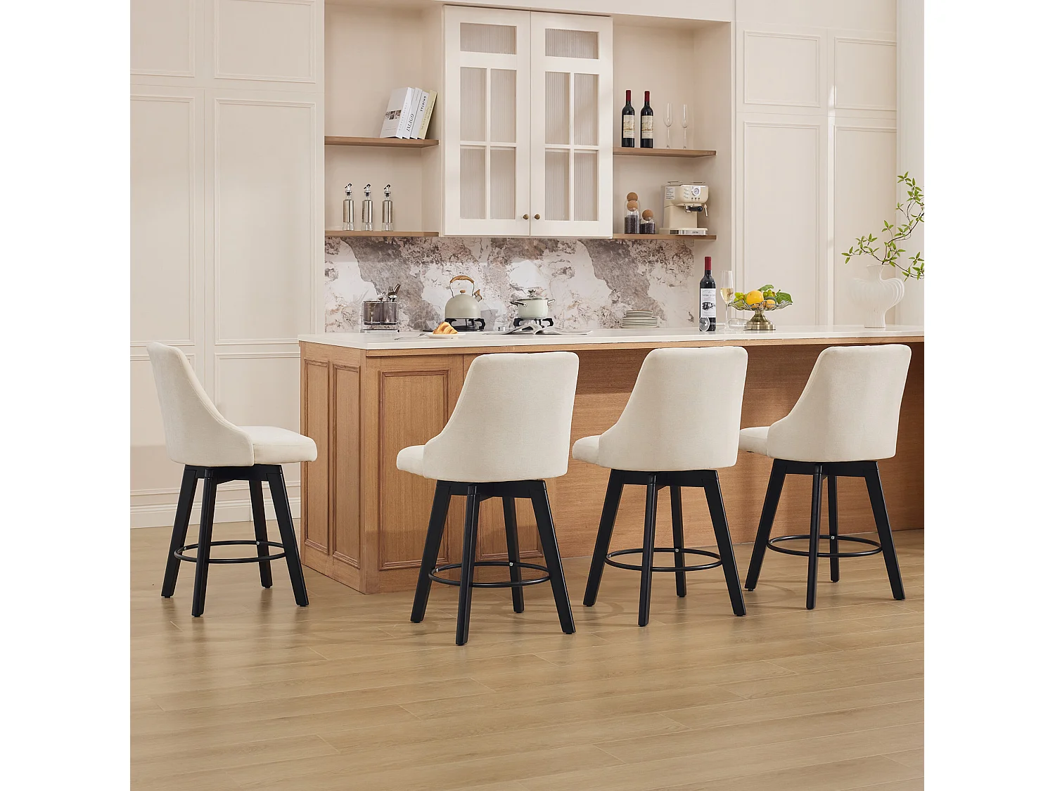 Set di 2 sgabelli da bar girevoli con schienale - Tessuto ciniglia beige