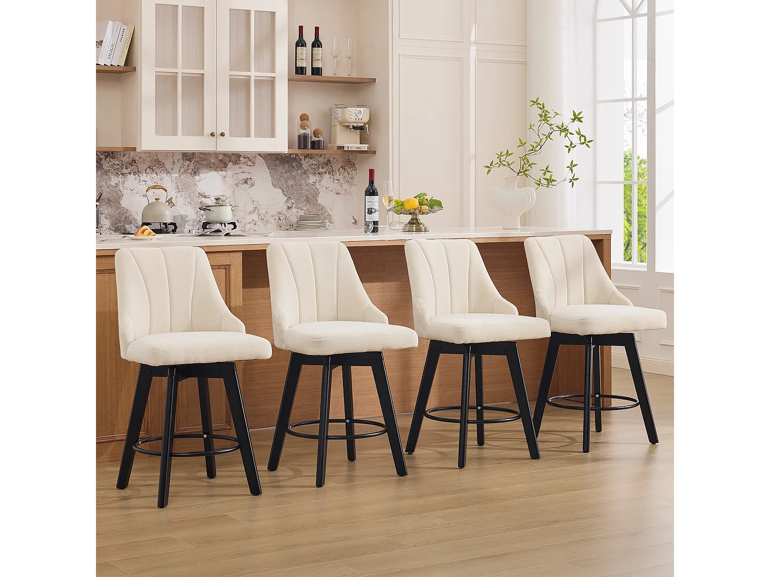 Set di 2 sgabelli da bar girevoli con schienale - Tessuto ciniglia beige