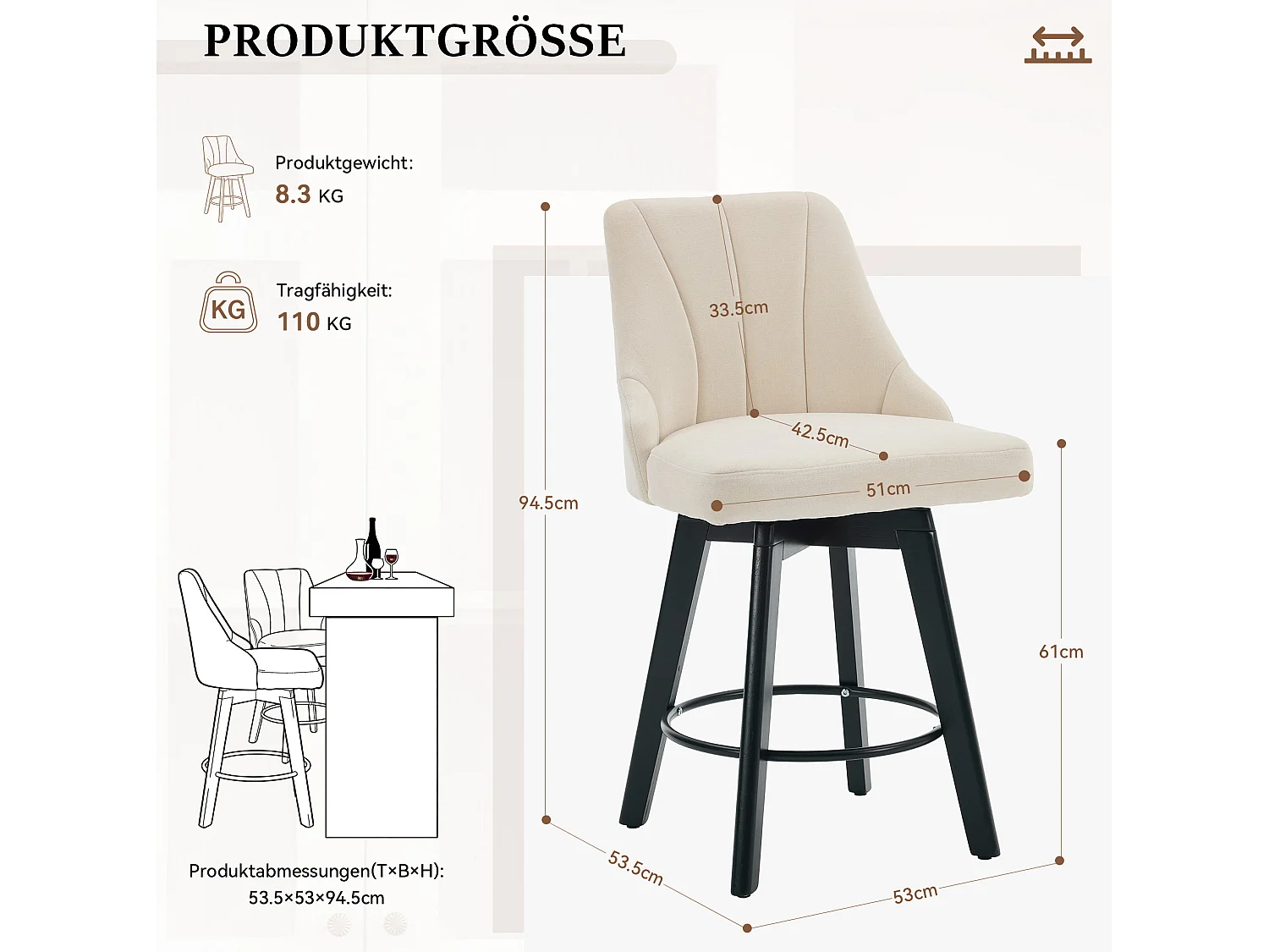 Set di 2 sgabelli da bar girevoli con schienale - Tessuto ciniglia beige