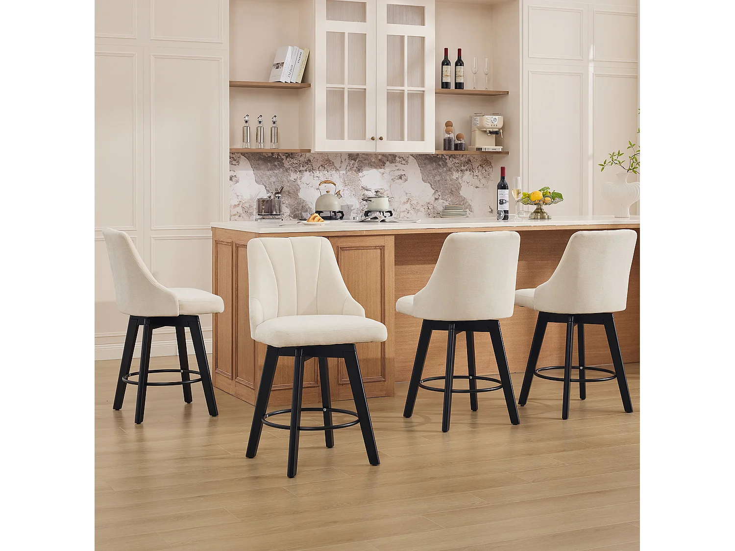 Set di 2 sgabelli da bar girevoli con schienale - Tessuto ciniglia beige