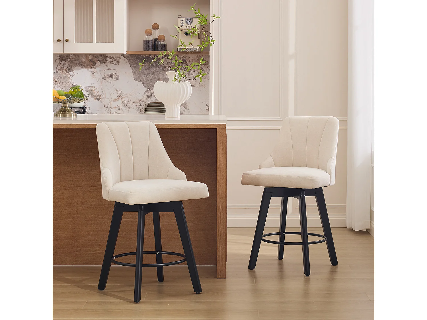 Set di 2 sgabelli da bar girevoli con schienale - Tessuto ciniglia beige