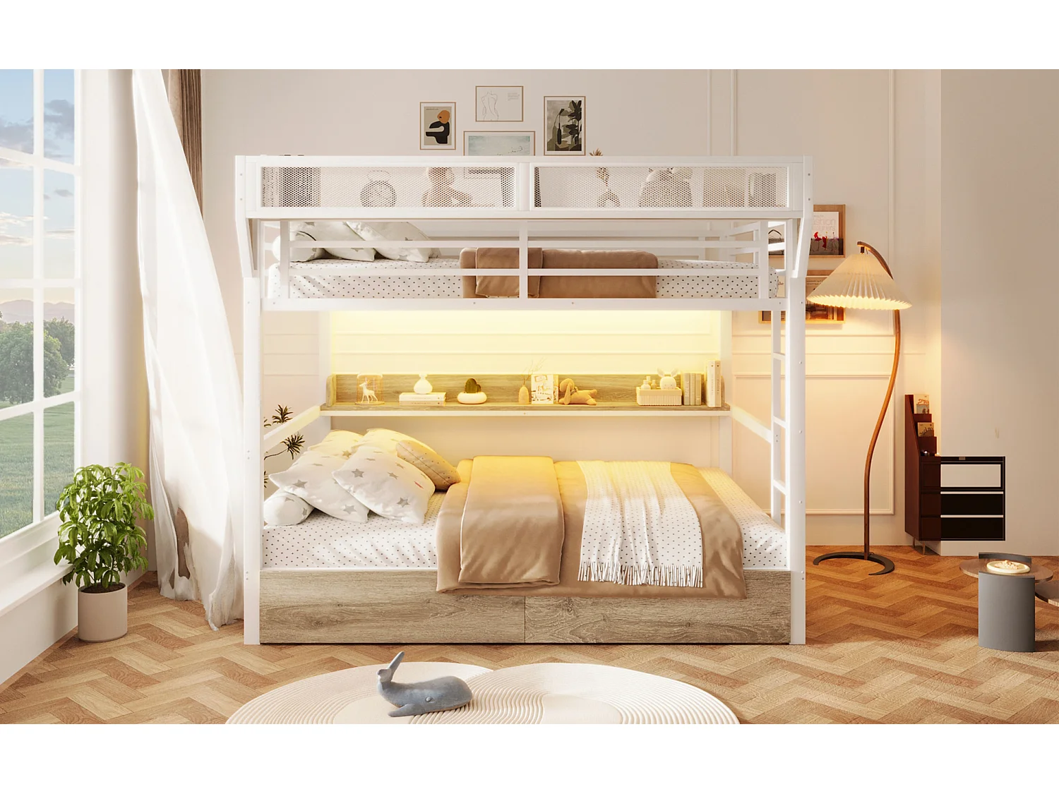 Lit superposé 140 x 200 cm en métal blanc- Lit enfant avec 2 tiroirs , LED et étagère