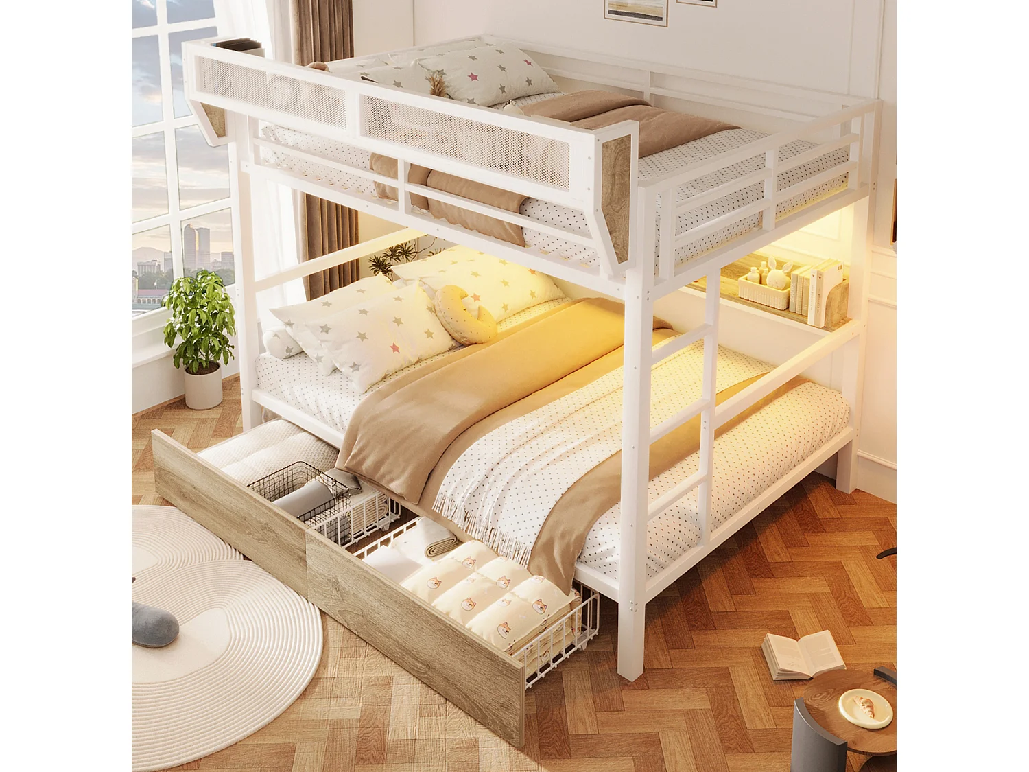 Lit superposé 140 x 200 cm en métal blanc- Lit enfant avec 2 tiroirs , LED et étagère
