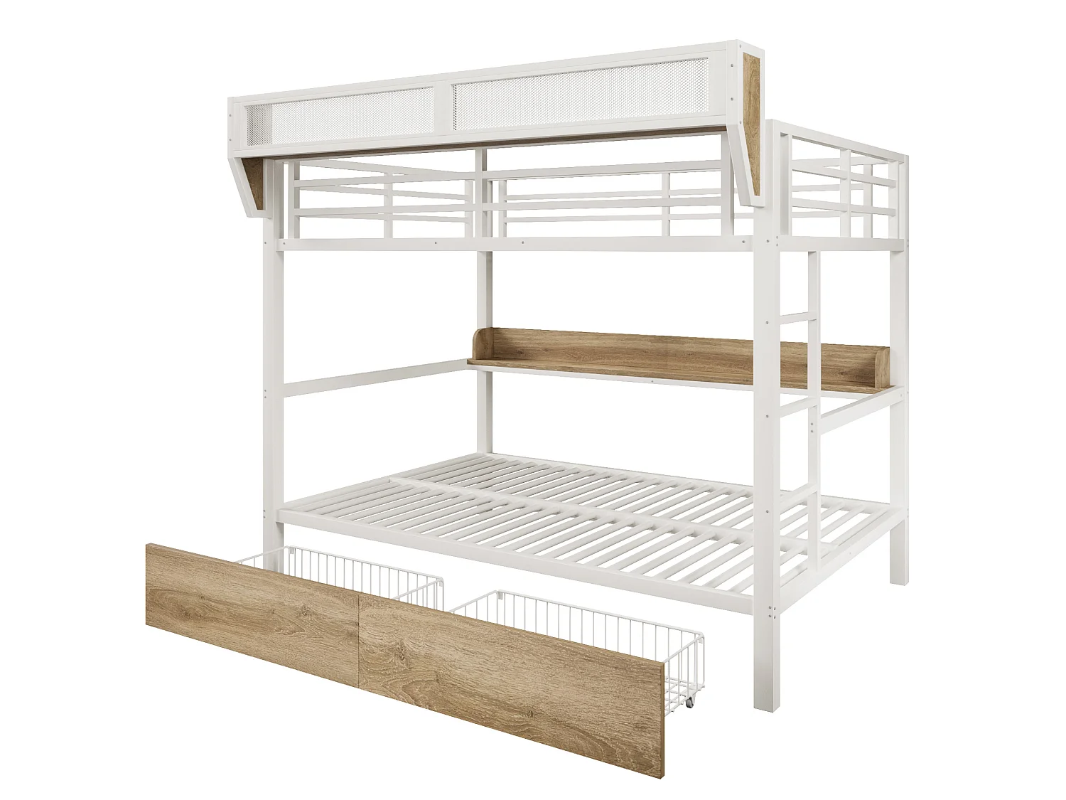 Lit superposé 140 x 200 cm en métal blanc- Lit enfant avec 2 tiroirs , LED et étagère