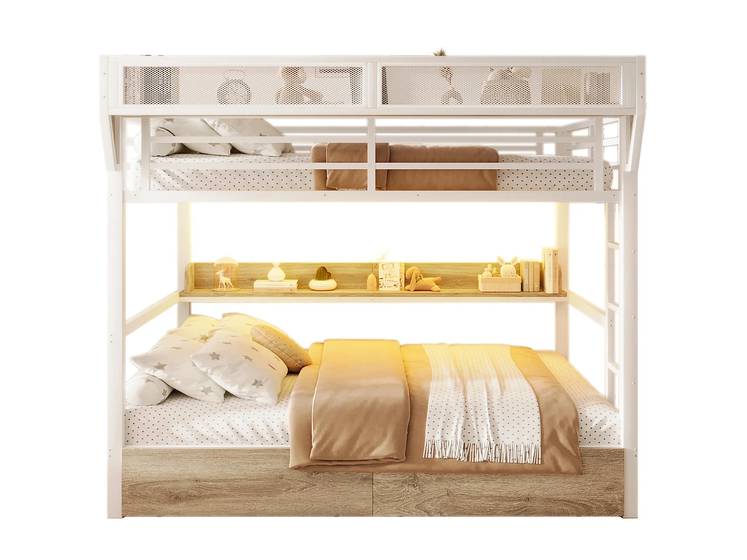 Lit superposé 140 x 200 cm en métal blanc- Lit enfant avec 2 tiroirs , LED et étagère