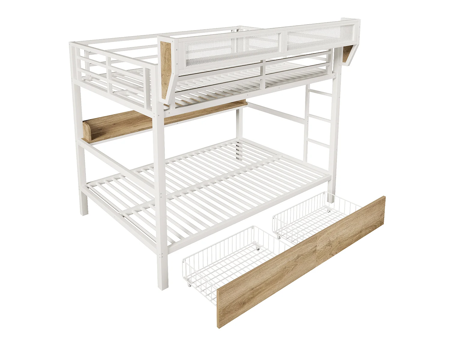 Lit superposé 140 x 200 cm en métal blanc- Lit enfant avec 2 tiroirs , LED et étagère