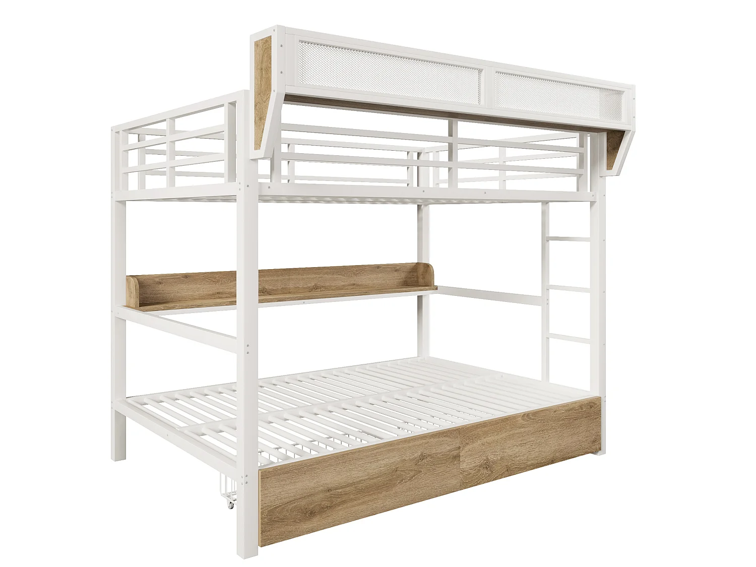 Lit superposé 140 x 200 cm en métal blanc- Lit enfant avec 2 tiroirs , LED et étagère