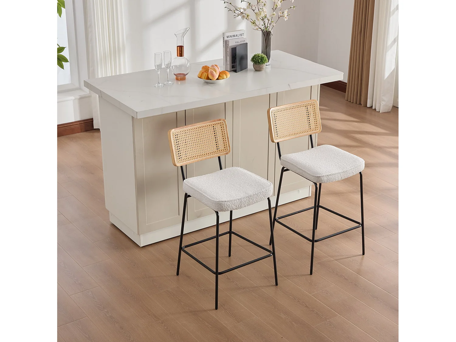 Lot de 2 tabouret de bar en tissu chenille ivoire - Dossier aspect rotin et pieds en métal