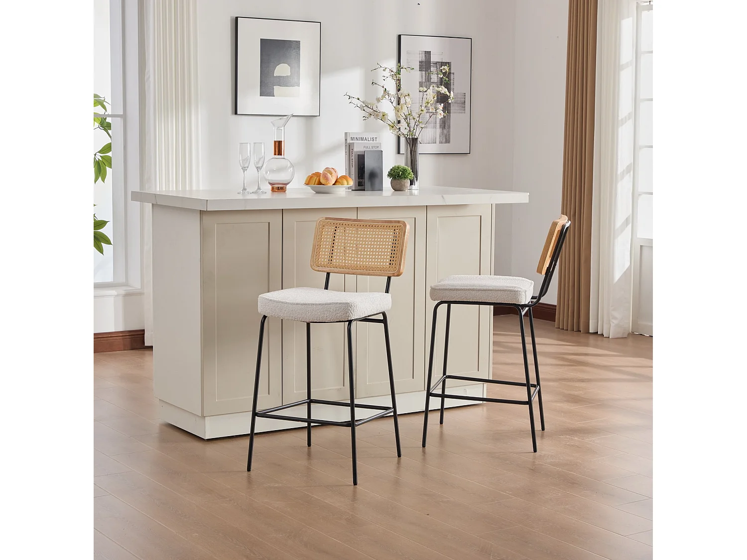 Lot de 2 tabouret de bar en tissu chenille ivoire - Dossier aspect rotin et pieds en métal
