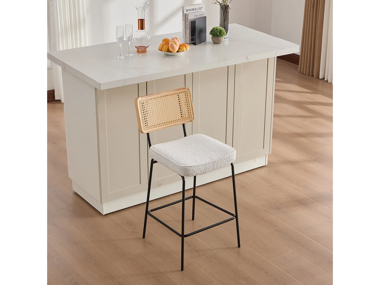 Lot de 2 tabouret de bar en tissu chenille ivoire - Dossier aspect rotin et pieds en métal