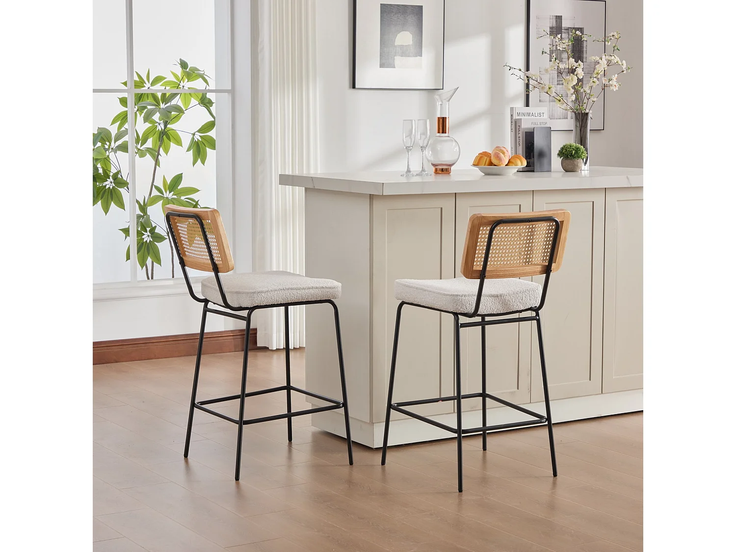 Lot de 2 tabouret de bar en tissu chenille ivoire - Dossier aspect rotin et pieds en métal