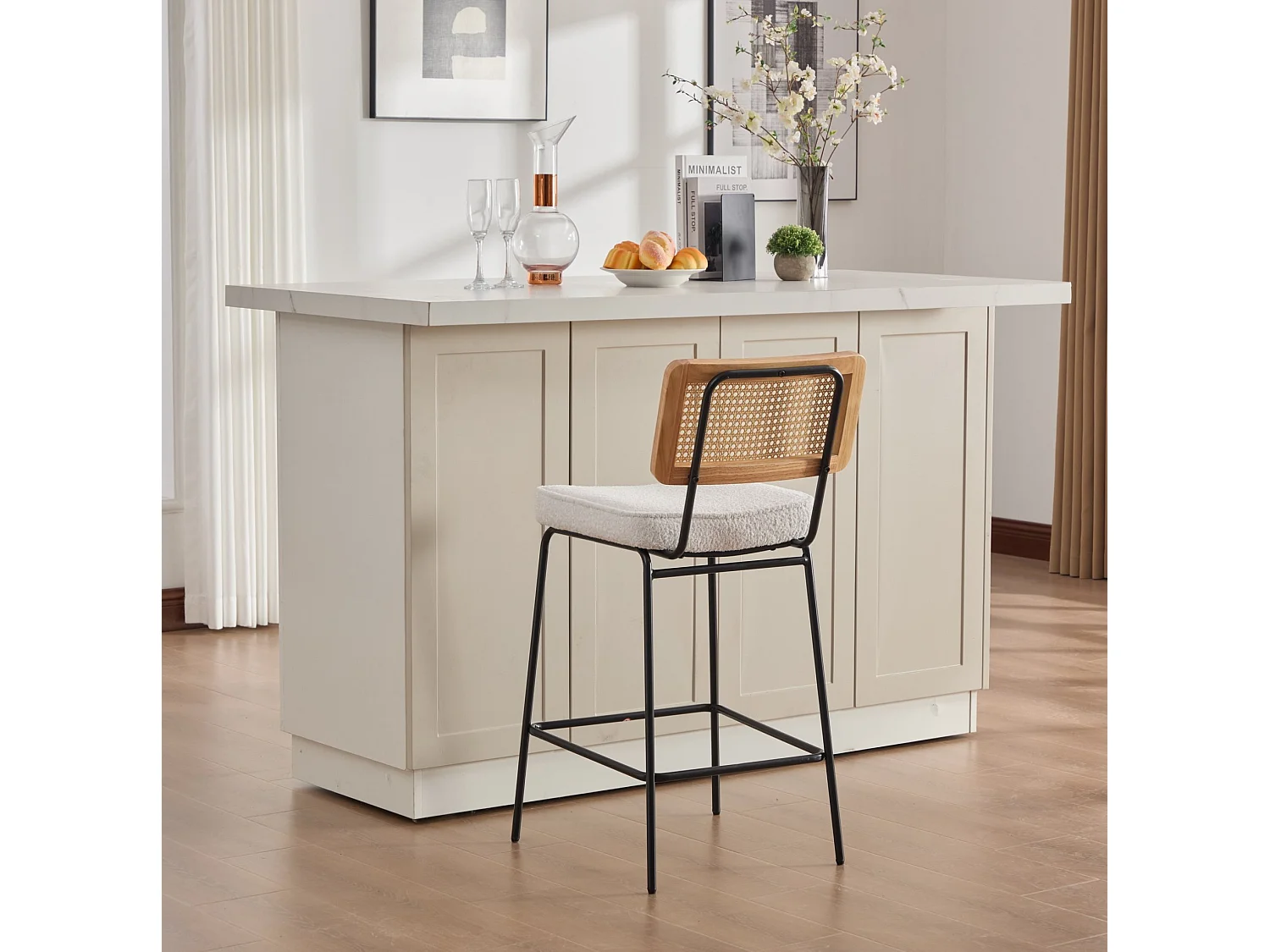 Lot de 2 tabouret de bar en tissu chenille ivoire - Dossier aspect rotin et pieds en métal