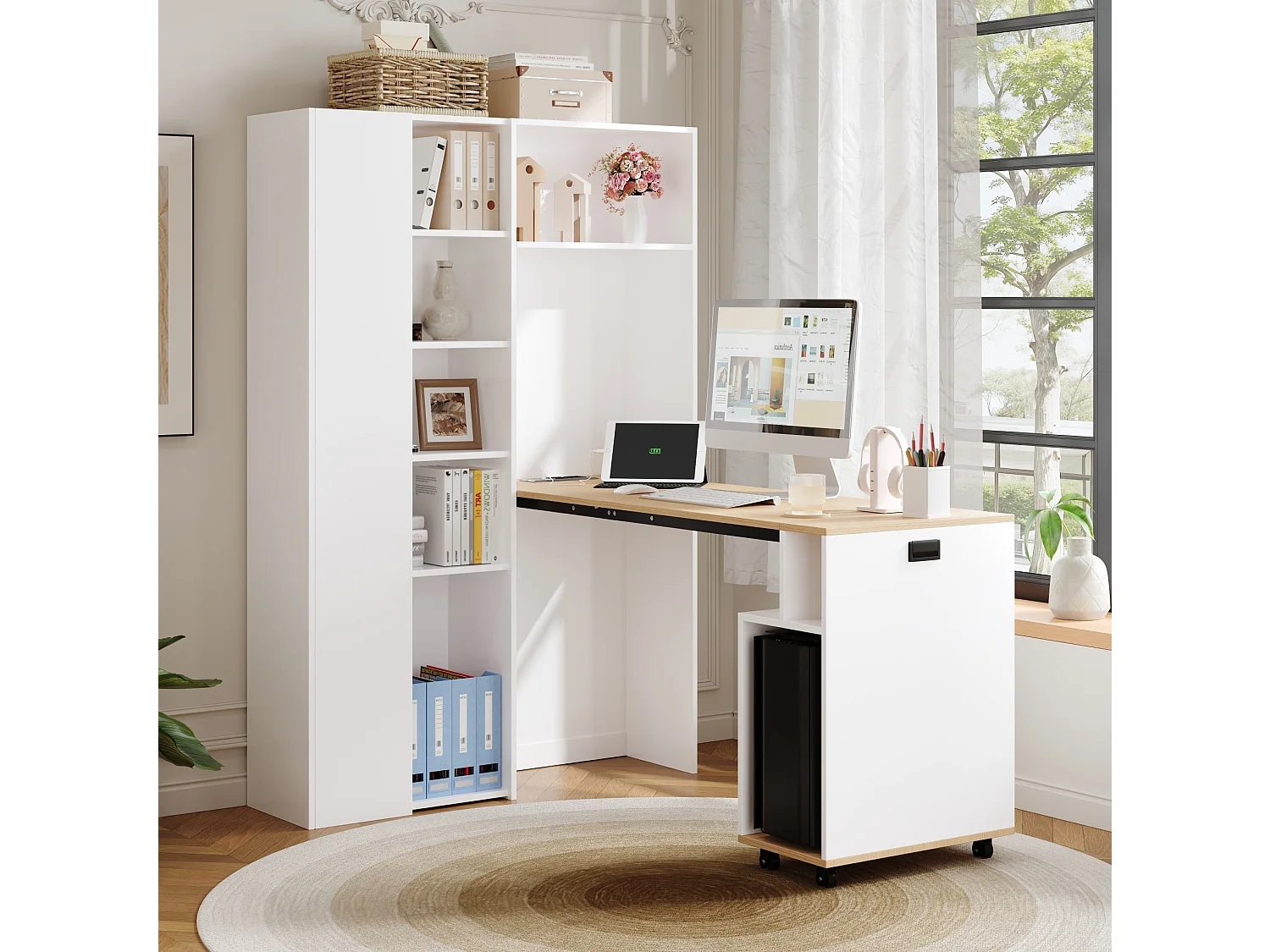 Wit en houten, inklapbaar hoekbureau (2-in-1) met verstelbare planken en USB-poorten