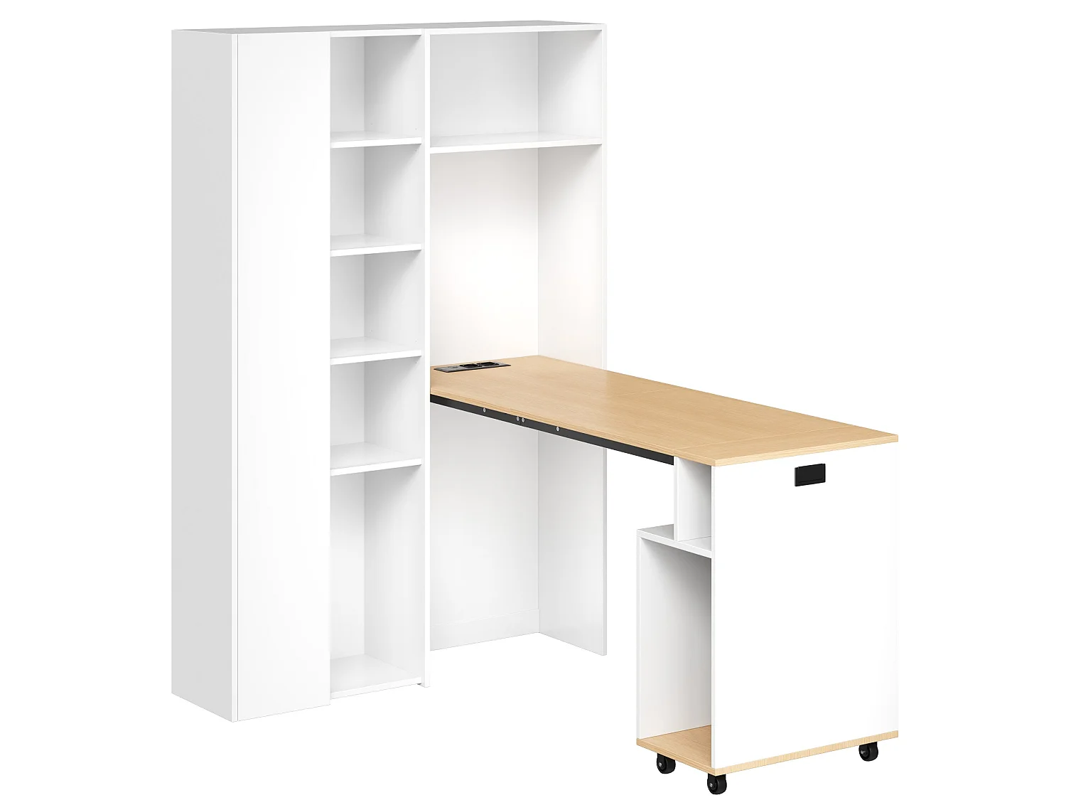 Wit en houten, inklapbaar hoekbureau (2-in-1) met verstelbare planken en USB-poorten