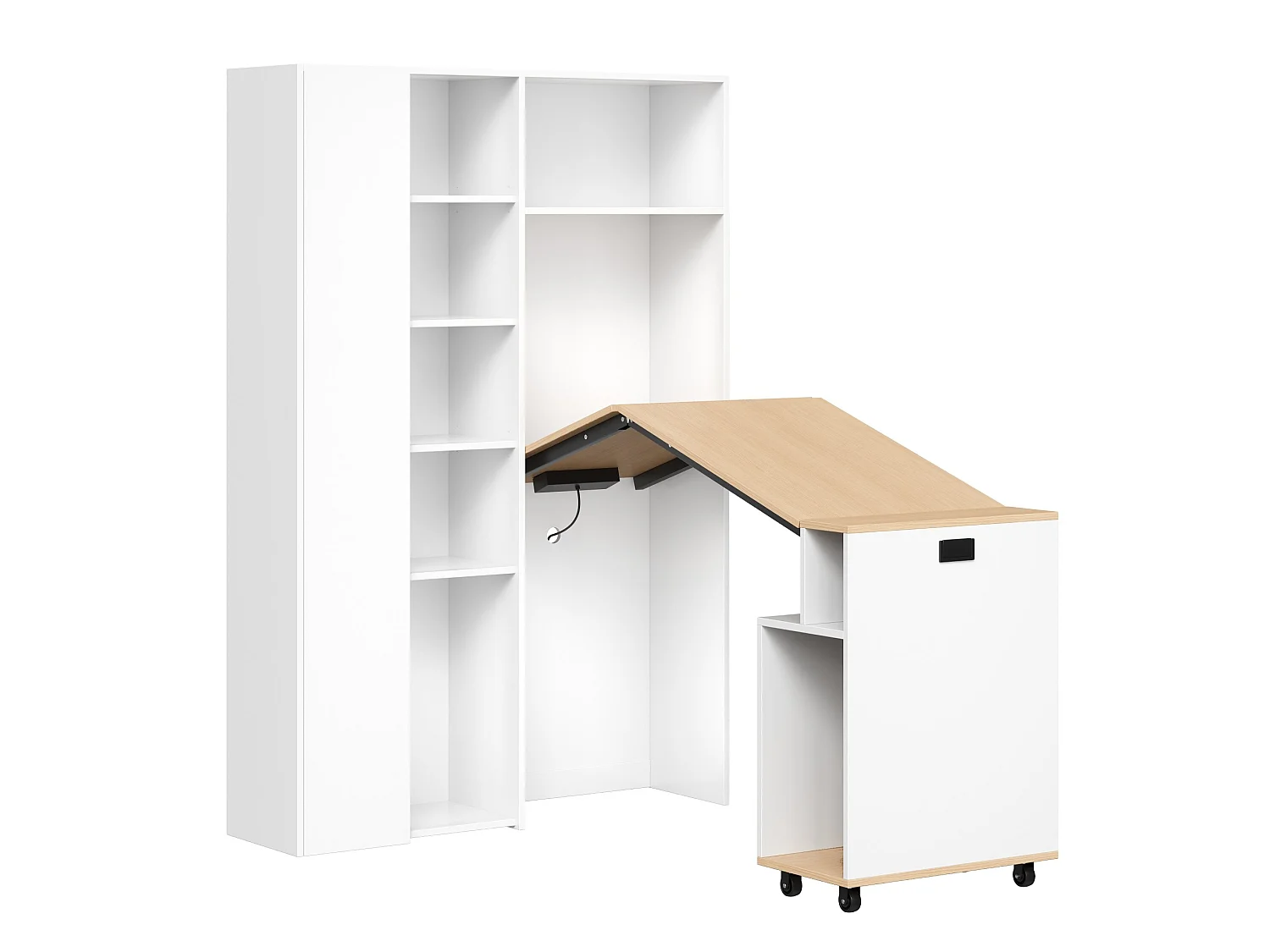 Wit en houten, inklapbaar hoekbureau (2-in-1) met verstelbare planken en USB-poorten