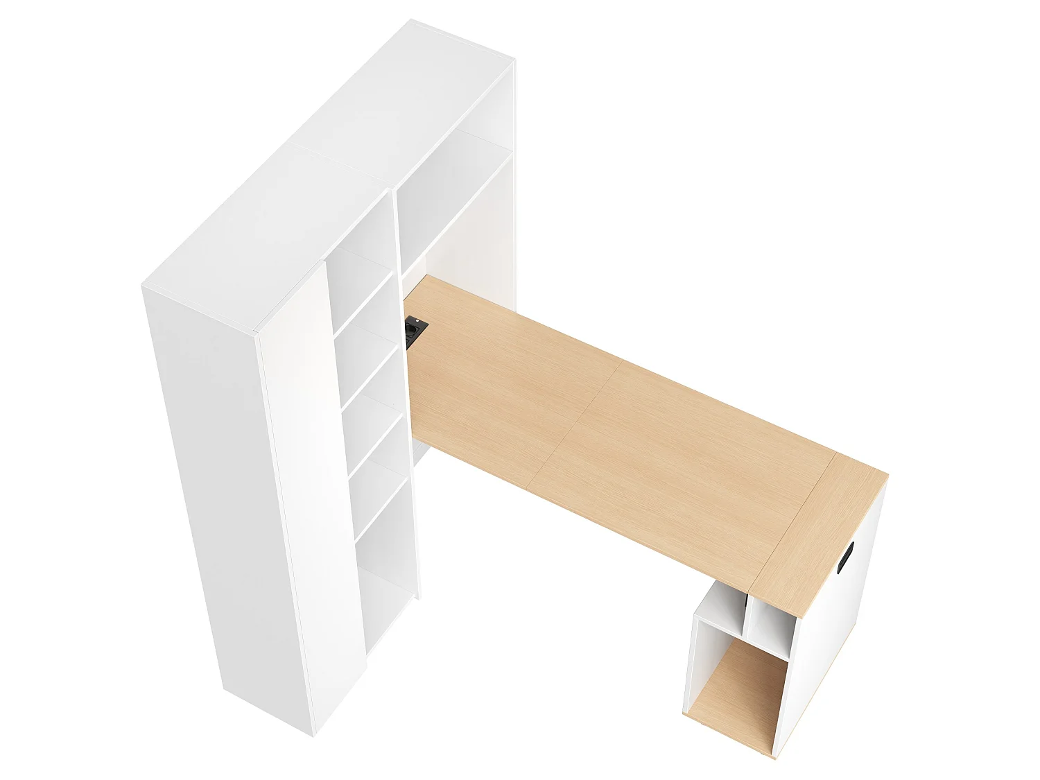 Wit en houten, inklapbaar hoekbureau (2-in-1) met verstelbare planken en USB-poorten