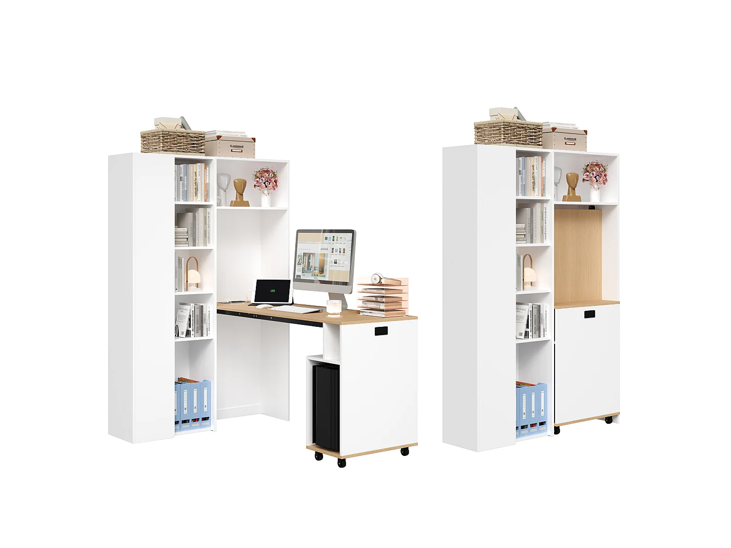 Wit en houten, inklapbaar hoekbureau (2-in-1) met verstelbare planken en USB-poorten