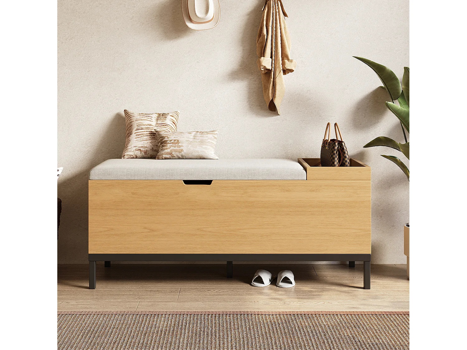 Banc coffre de rangement 115 × 49,5 × 40 cm en MDF - Couleur bois
