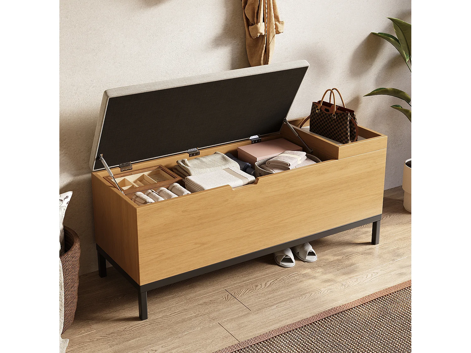 Banc coffre de rangement 115 × 49,5 × 40 cm en MDF - Couleur bois