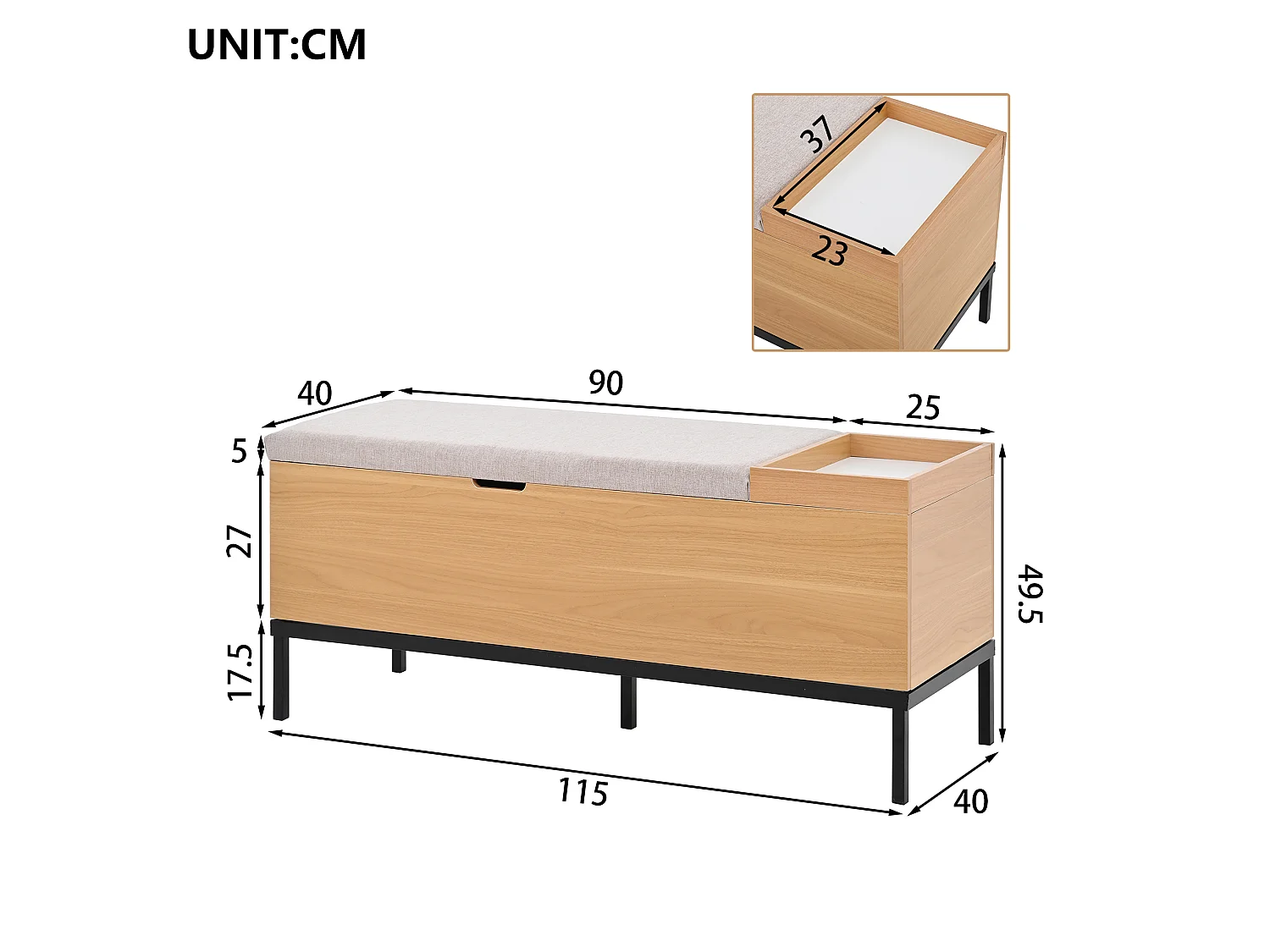 Banc coffre de rangement 115 × 49,5 × 40 cm en MDF - Couleur bois
