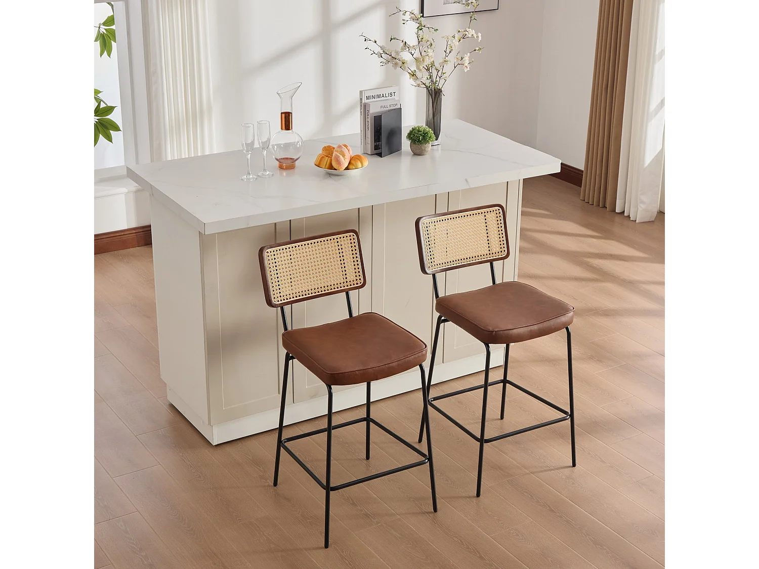 Lot de 2 tabouret de bar en PU marron - Dossier aspect rotin et pieds en métal