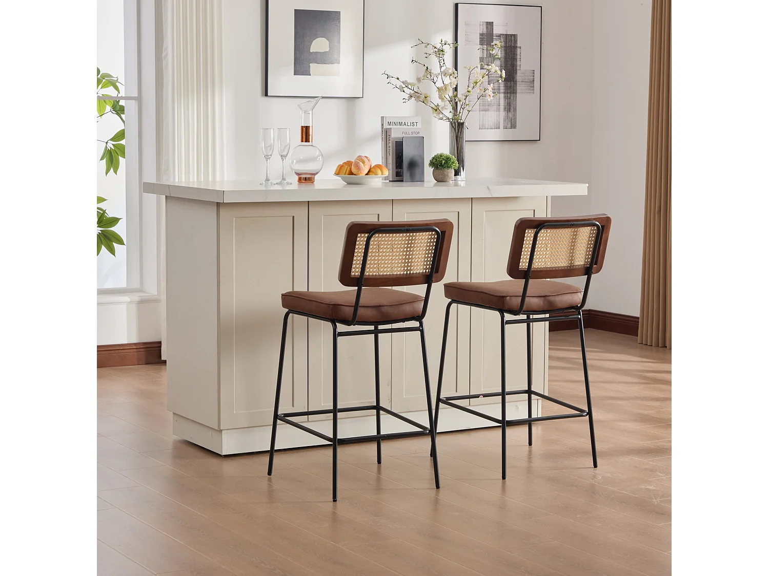 Lot de 2 tabouret de bar en PU marron - Dossier aspect rotin et pieds en métal