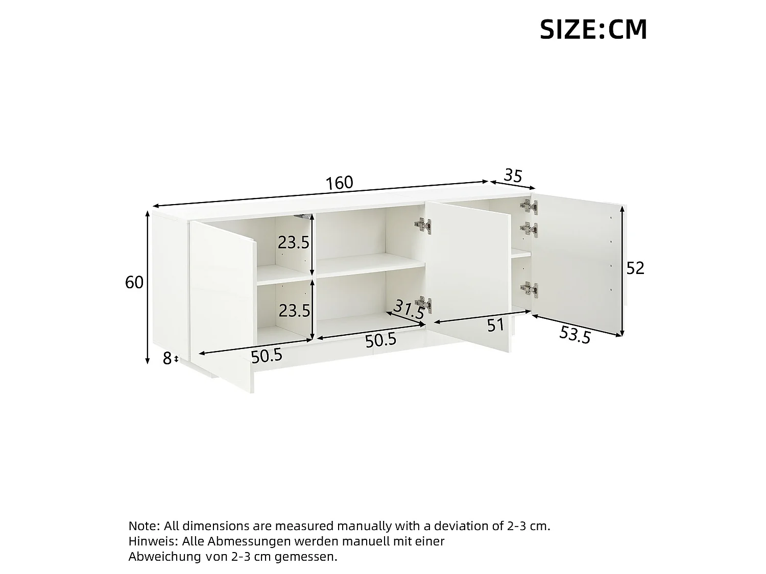 Buffet de salon 160 x 35 x 60 cm à 3 portes - Blanc finition brillante