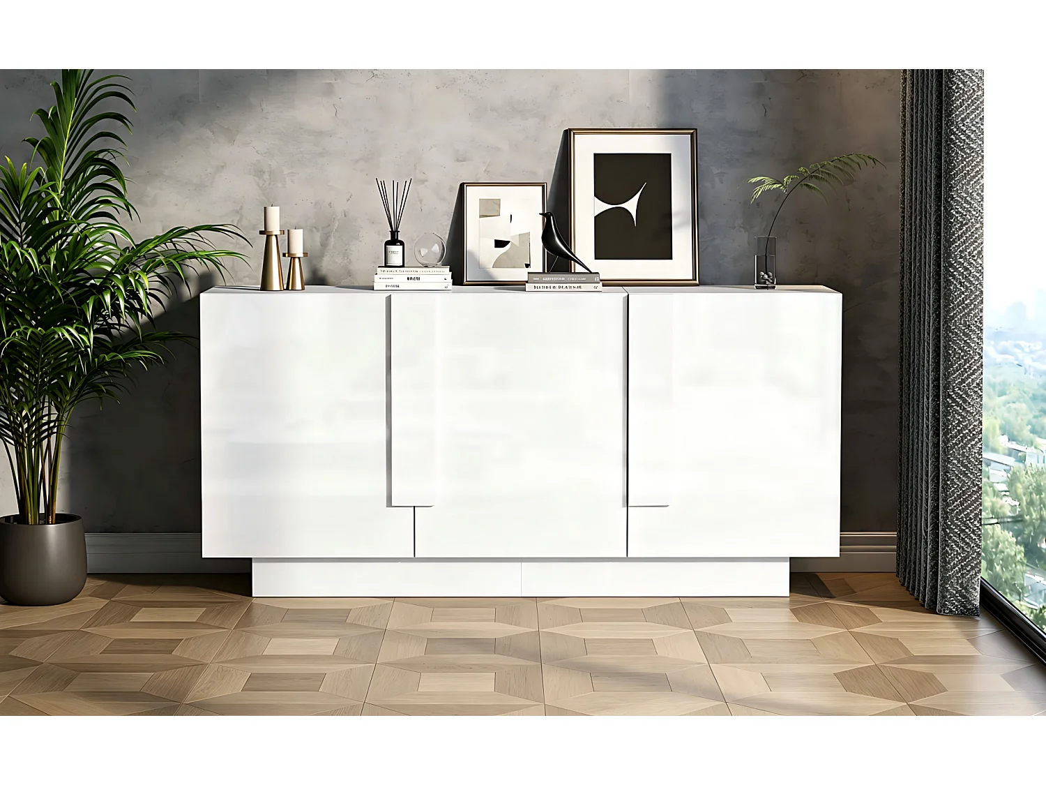 Buffet de salon 160 x 35 x 60 cm à 3 portes - Blanc finition brillante