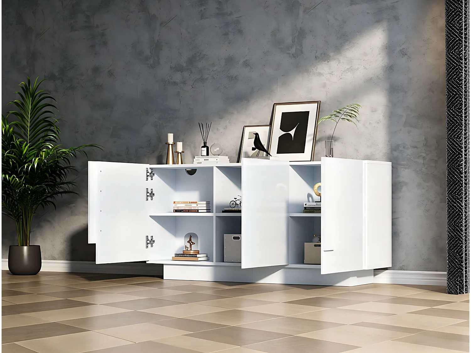 Buffet de salon 160 x 35 x 60 cm à 3 portes - Blanc finition brillante