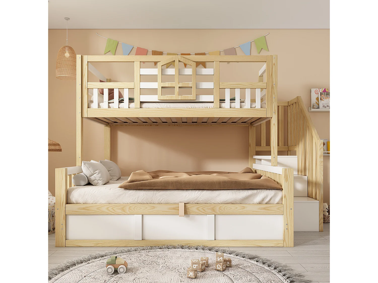 Lit superposé enfant 90x200 cm et 140x200 cm avec rangement - Lit cabane blanc et bois naturel