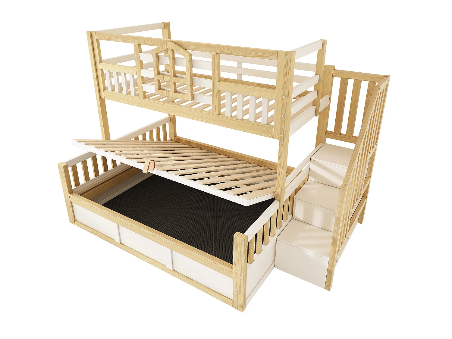 Lit superposé enfant 90x200 cm et 140x200 cm avec rangement - Lit cabane blanc et bois naturel