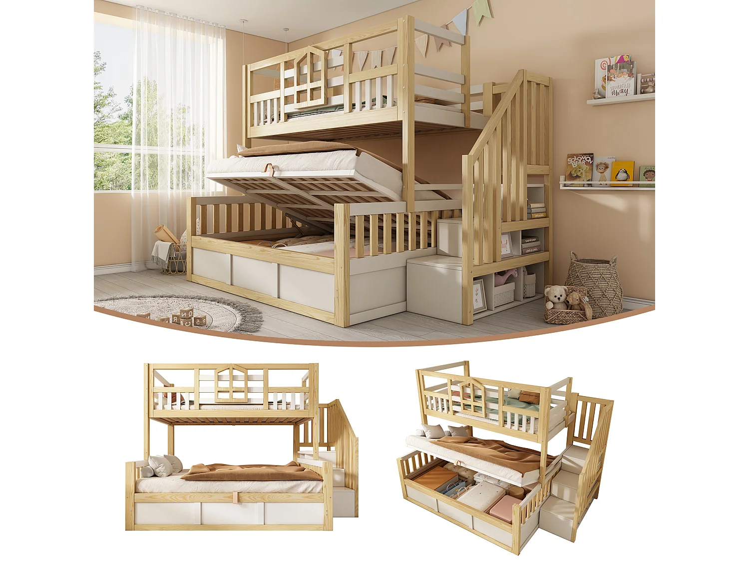 Lit superposé enfant 90x200 cm et 140x200 cm avec rangement - Lit cabane blanc et bois naturel
