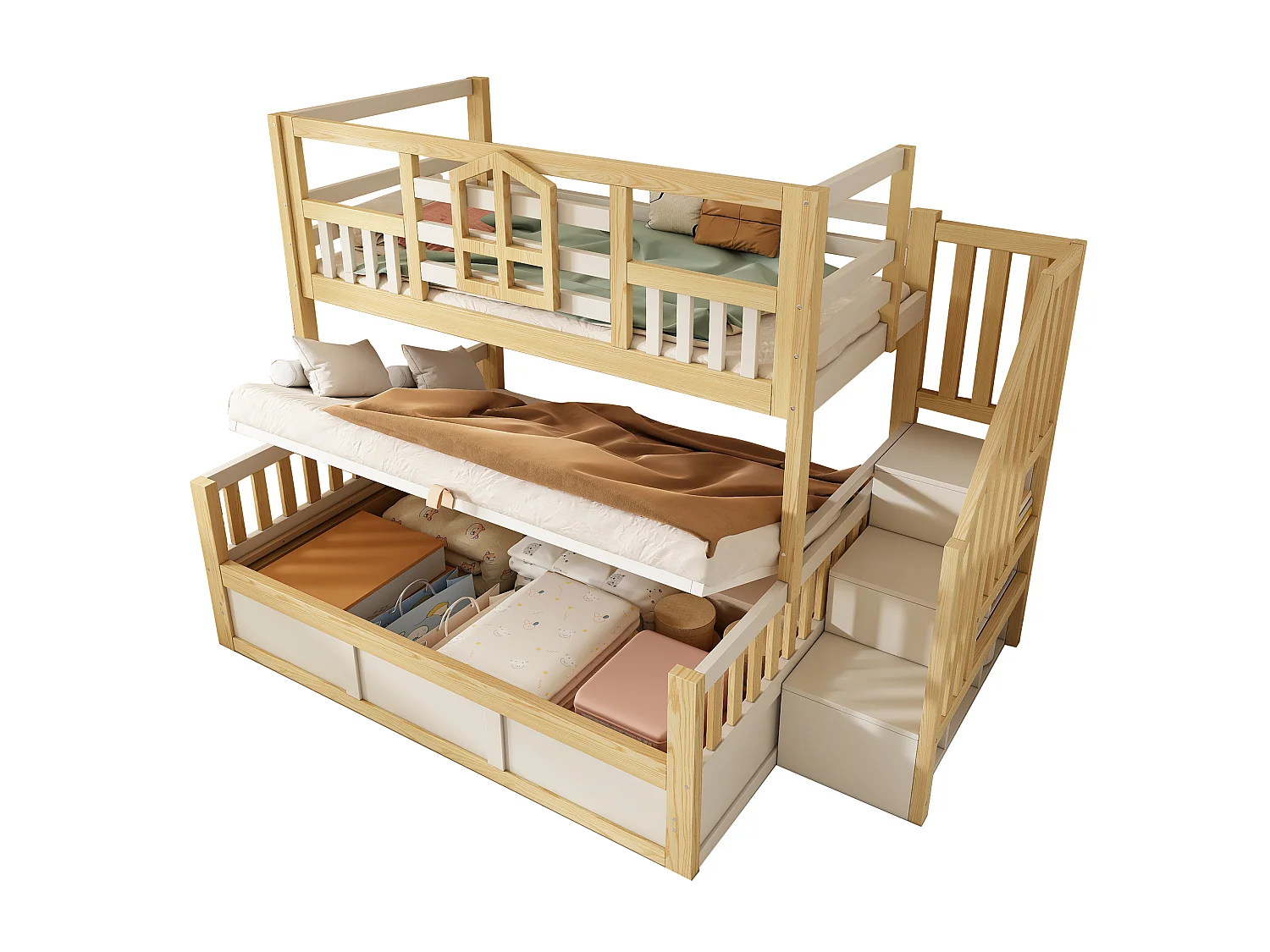 Lit superposé enfant 90x200 cm et 140x200 cm avec rangement - Lit cabane blanc et bois naturel