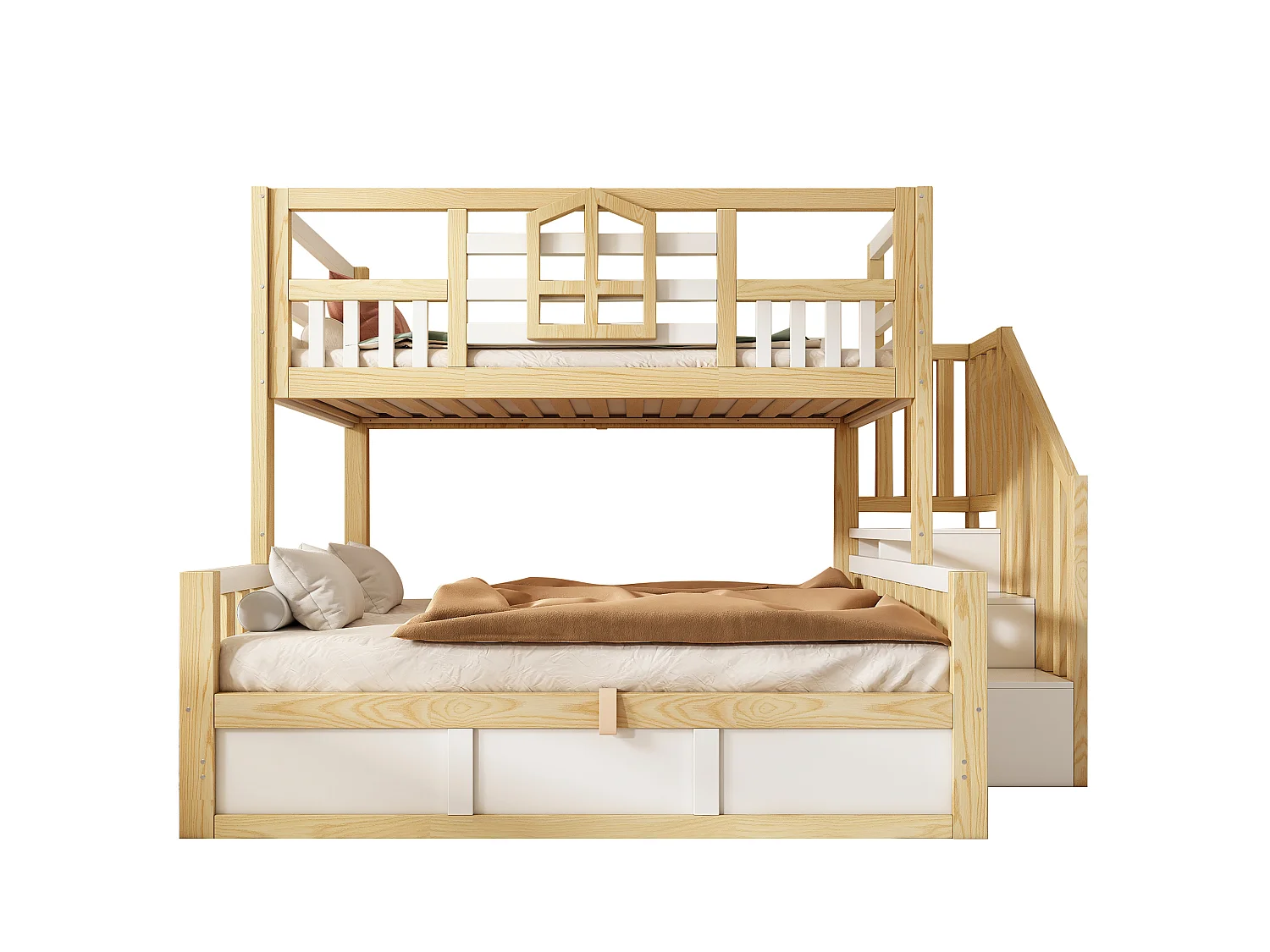 Lit superposé enfant 90x200 cm et 140x200 cm avec rangement - Lit cabane blanc et bois naturel