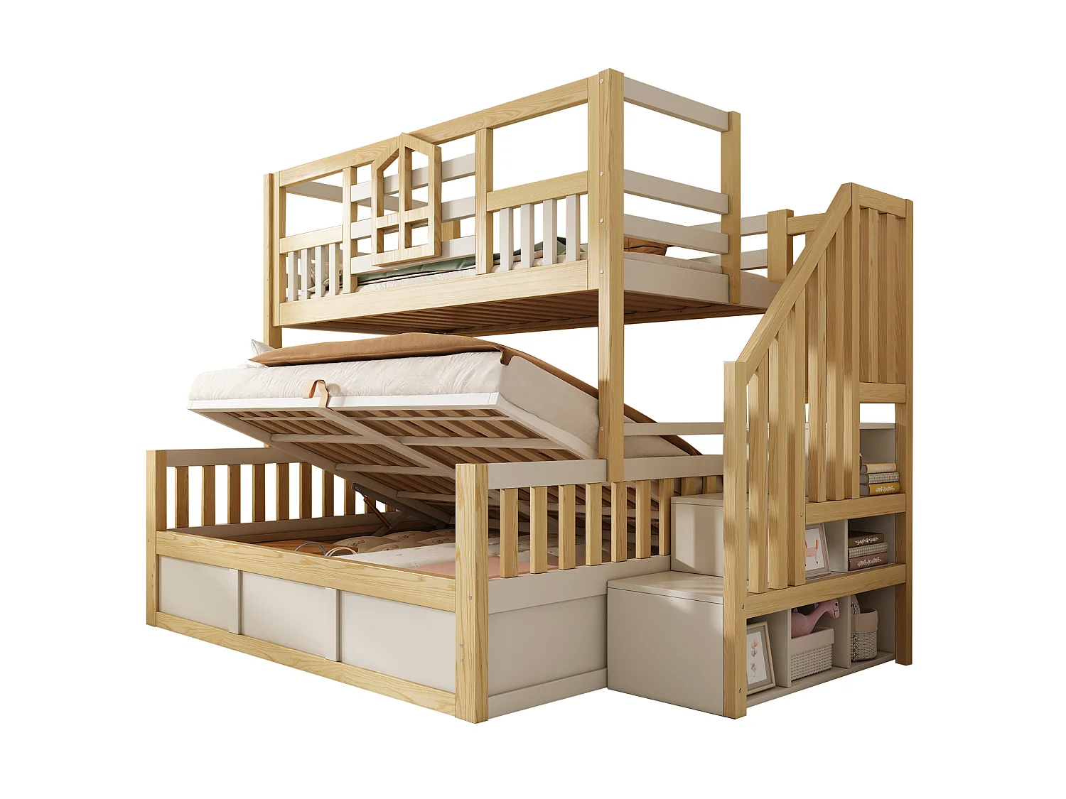 Lit superposé enfant 90x200 cm et 140x200 cm avec rangement - Lit cabane blanc et bois naturel