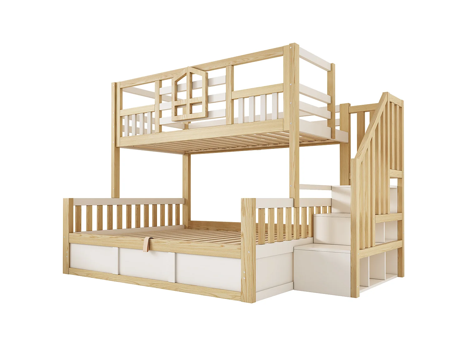 Lit superposé enfant 90x200 cm et 140x200 cm avec rangement - Lit cabane blanc et bois naturel
